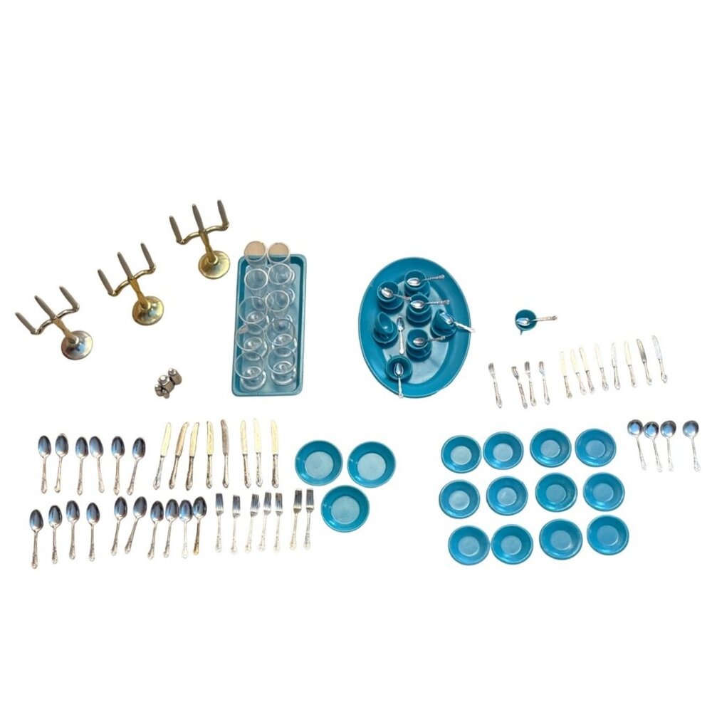 Marx Dollhouse Dining Set 90+ Pieces Utensils Plates Cups Glasses & More 1950's